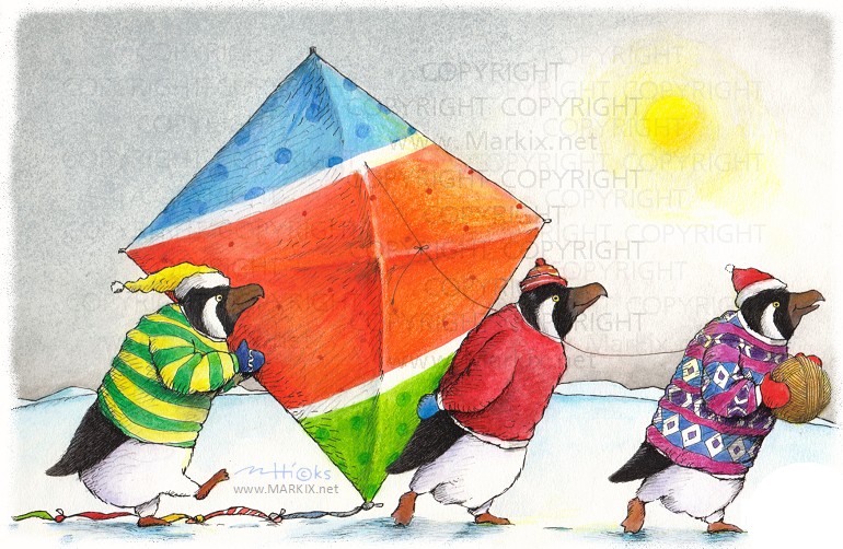 whimsical penguins with kite by illustrator Mark A. Hicks